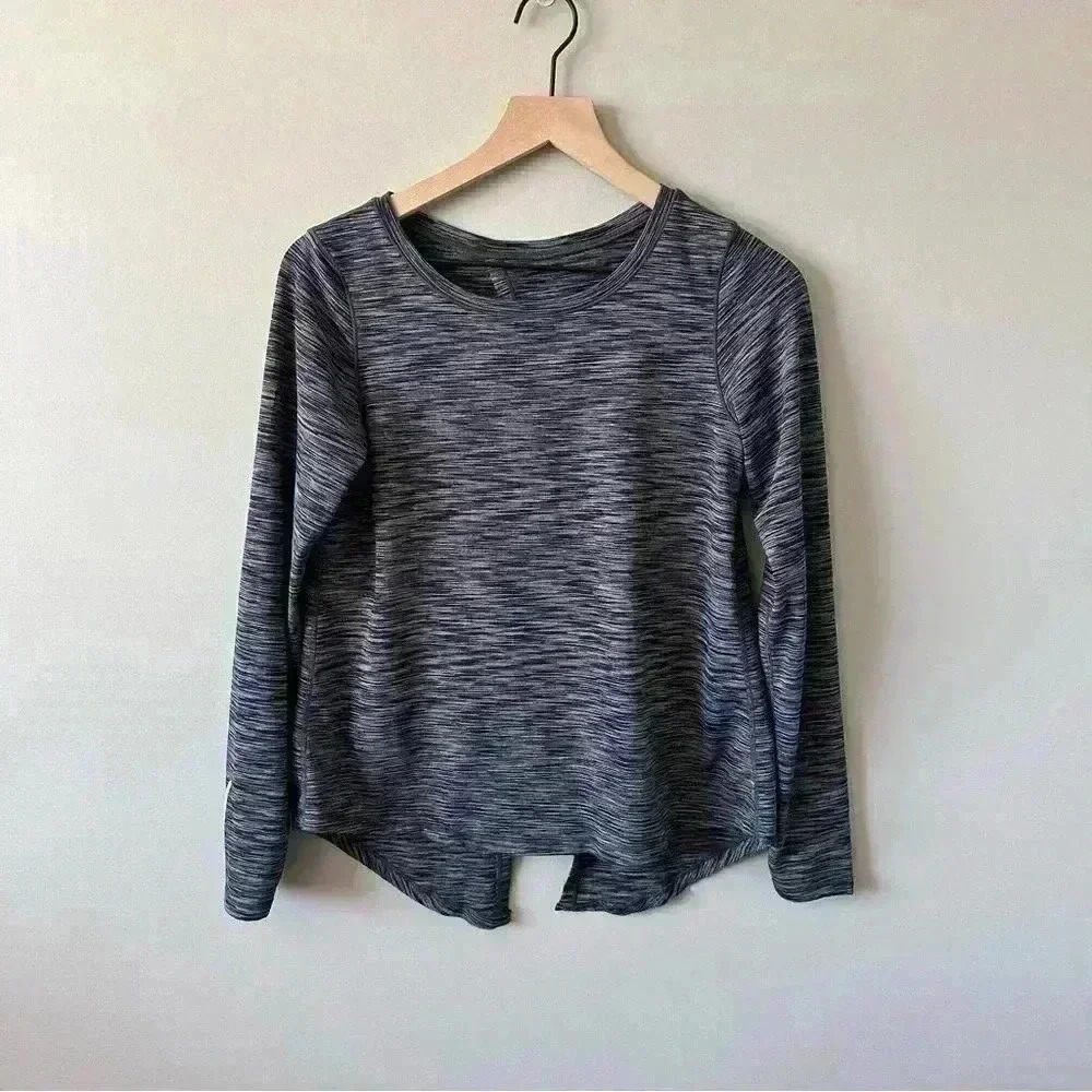 Zyia Active Shirt Women's Size M Gray Blue Heather Split Back  Long Sleeve Yoga